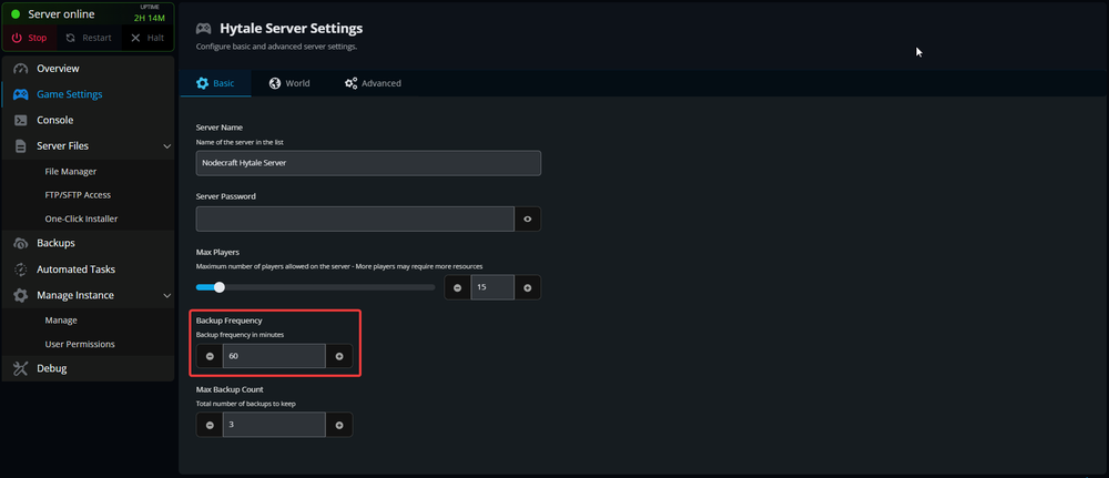 Hytale server settings page showing the backup frequency option highlighted.