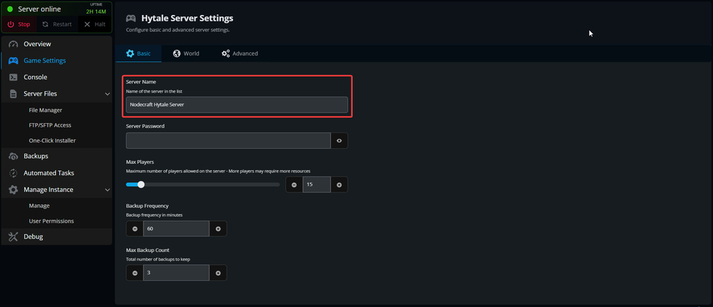 Hytale server settings page showing the server name field highlighted.