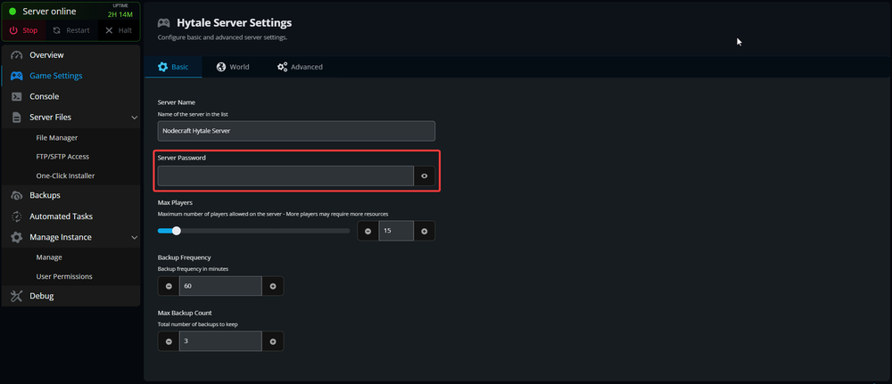 Hytale server settings page showing the server password field highlighted.
