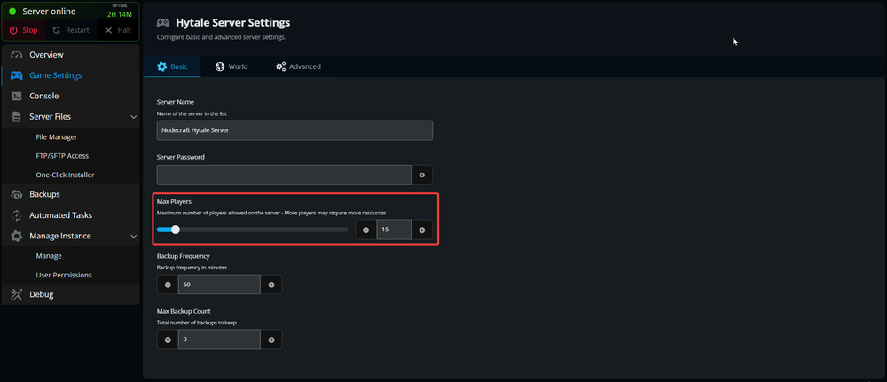 Hytale server settings page showing the max players slider highlighted.