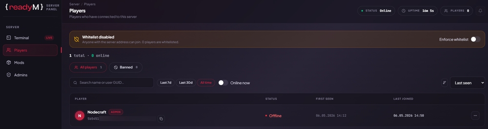 ReadyM Server Panel Players page displaying connected and previously joined players, whitelist settings, player activity history, and online status information.