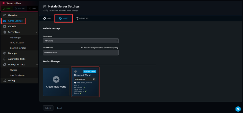 Hytale server settings page showing the World tab selected under Game Settings.