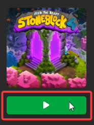 A screenshot of the FTB Stoneblock 4 modpack icon with the play button highlighted.
