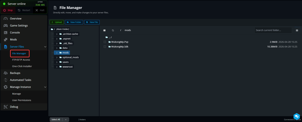 Nodecraft File Manager open to the WukongMP mods directory, showing installed PvP and SDK mod folders within the server files.