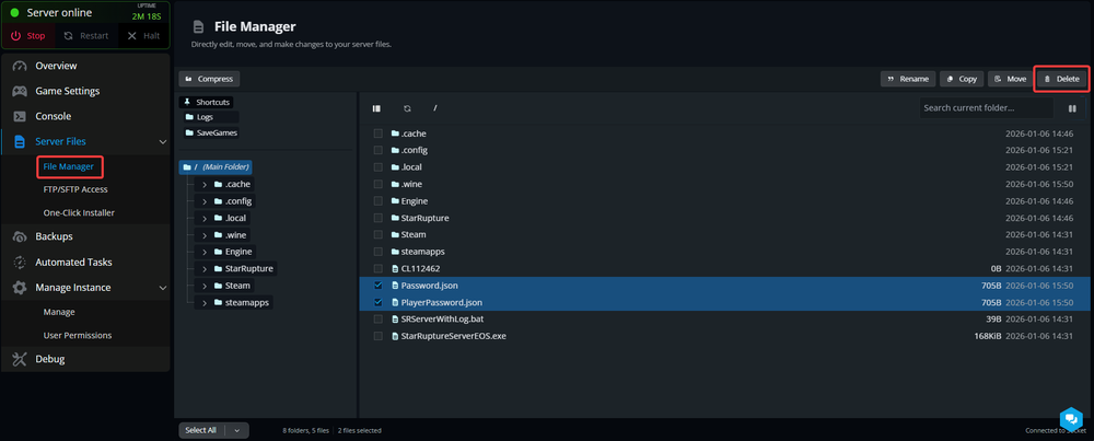 Dark server File Manager UI: left navigation; right pane lists folders; Password.json and PlayerPassword.json selected; Delete button highlighted.