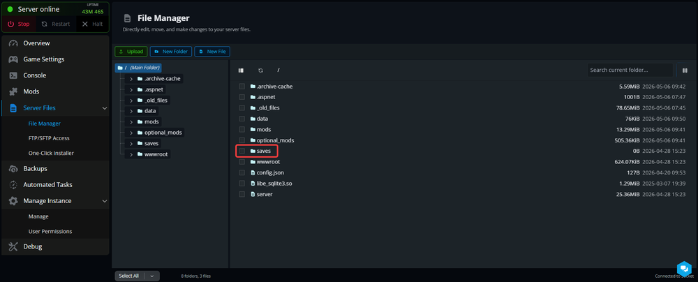 Nodecraft File Manager displaying the main WukongMP server directory with folders including saves, mods, optional_mods, and old_files.