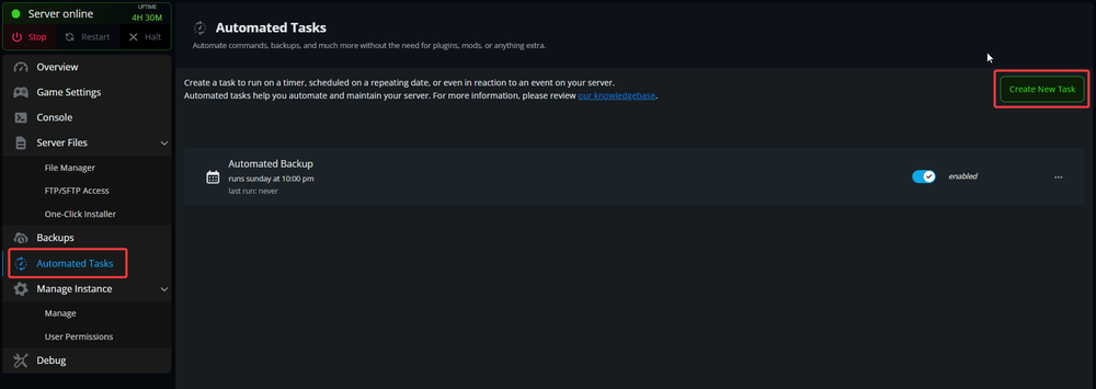 Nodecraft server panel showing the Automated Tasks page with the Create New Task button highlighted.