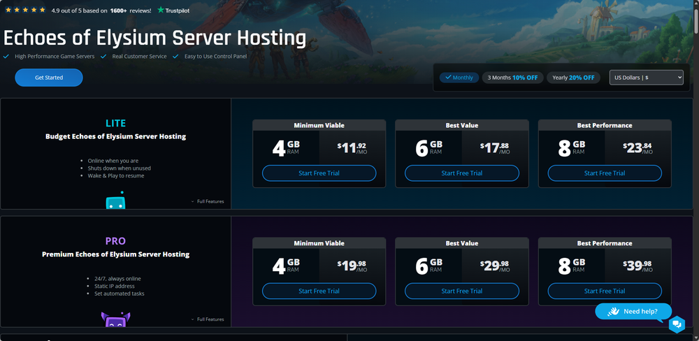 Echoes of Elysium server hosting page of various plans to choose from.