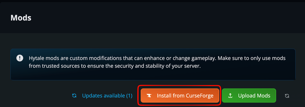 Hytale server Mods page showing the Install from CurseForge option.
