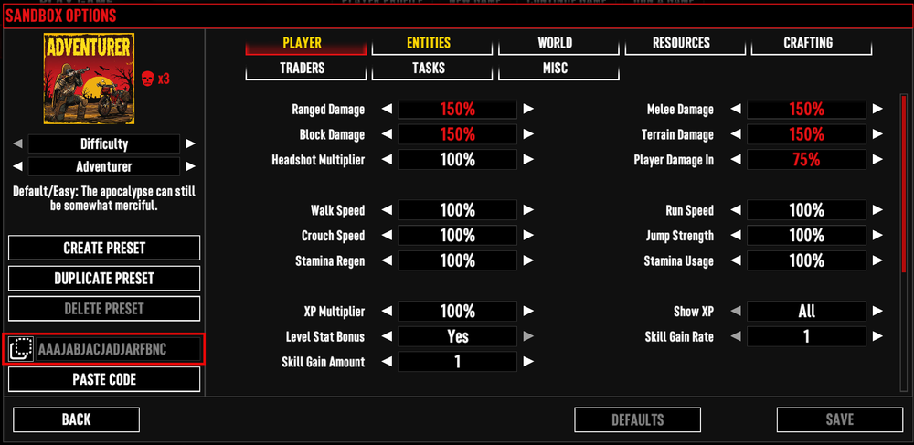The Sandbox Options screen in 7 Days to Die showing a generated custom sandbox code that can be copied and used to recreate a specific set of gameplay settings.