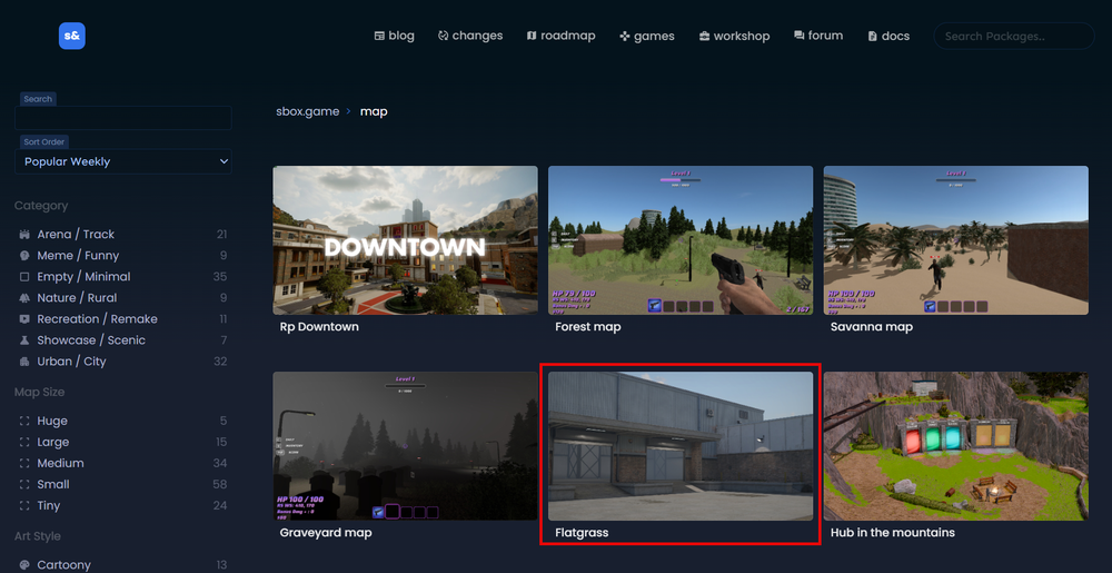 Dark-themed map gallery with thumbnails (Rp Downtown, Forest, Savanna, Graveyard, Flatgrass) and left filters plus top navigation.