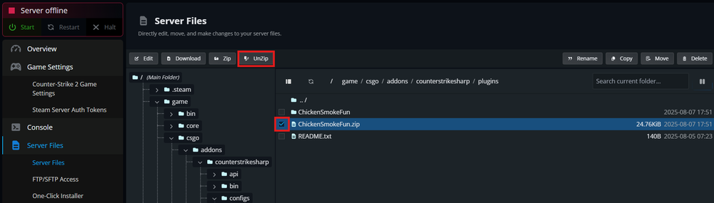 Unzipping a CounterStrikeSharp plugin in the Nodecraft Control Panel