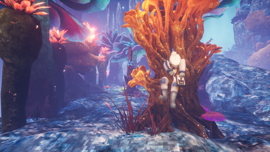 A person in a spacesuit explores a colorful alien landscape with vibrant plants and glowing flora under a surreal sky.