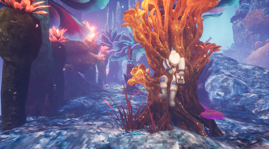 A person in a spacesuit explores a colorful alien landscape with vibrant plants and glowing flora under a surreal sky.