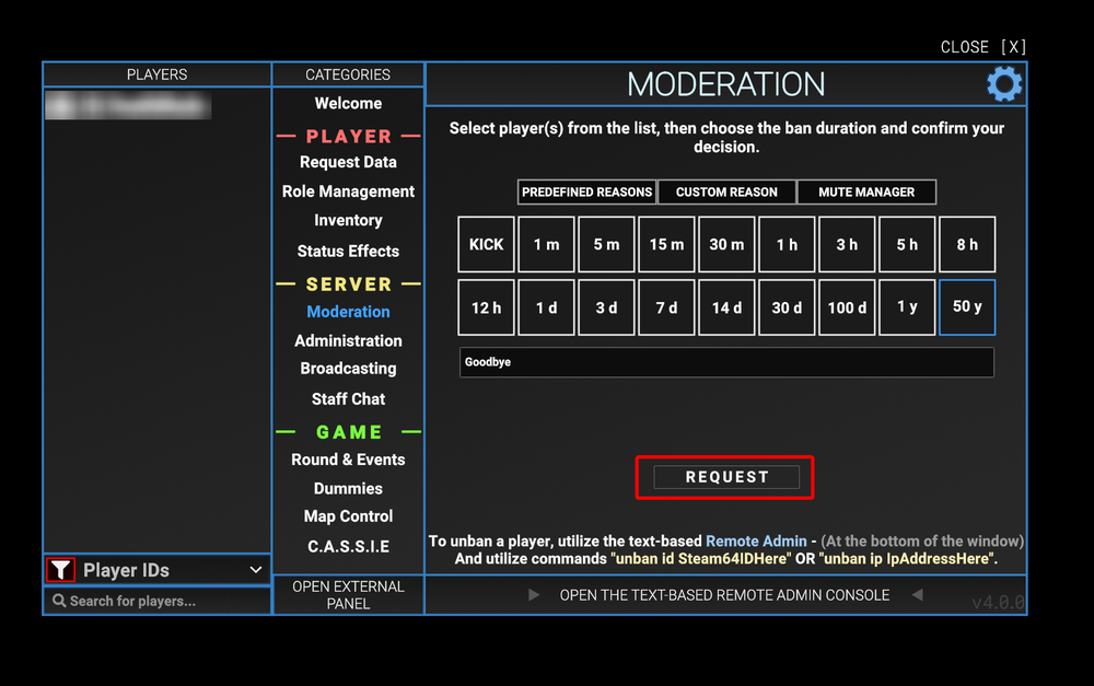 The in-game Moderation dashboard in SCP: Secret Laboratory with a red box highlighting the Request button at the bottom center of the ban duration and custom reasons panel.