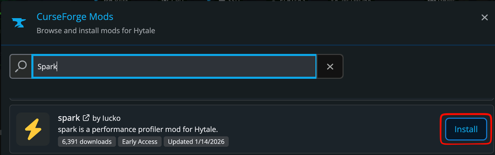 Searching for and installing a Hytale mod, Spark, from CurseForge using the server panel.