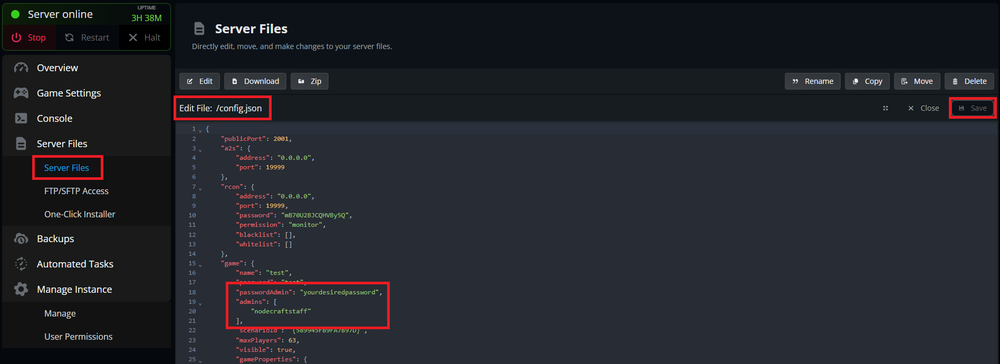 The config.json file for an Arma Reforger server, with the adminpassword and admin settings highlighted.