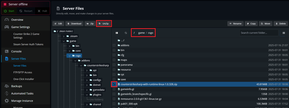 Unzipping CounterStrikeSharp for a Counter Strike 2 server