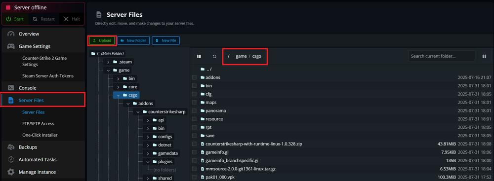 Uploading the Metamod.tar.gz file to a Counter Strike 2 server hosted with Nodecraft