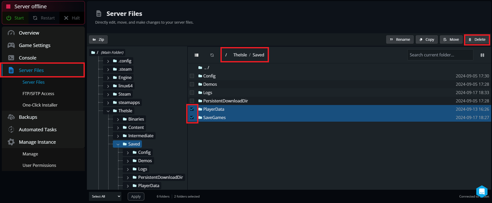 A screenshot of the Nodecraft control panel showing which files to delete when resetting your The Isle server.