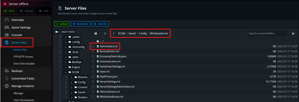 The AdminUsers.ini file for a SCUM dedicated server within Nodecraft's Control Panel