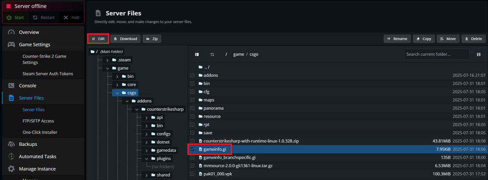 Selecting the gameinfo.gi file to Edit for CounterStrikeSharp installation