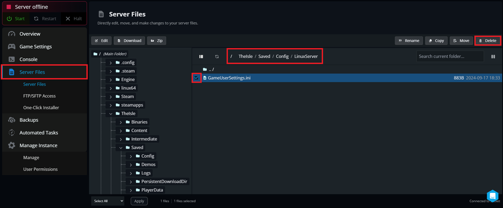 A screenshot of the Nodecraft control panel showing which files to delete when resetting your The Isle server.