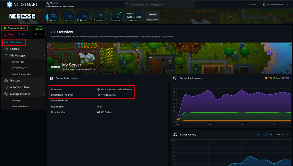 Screenshot of a game server control panel overview showing server status, performance graphs, and server information, including hostname and IP address.