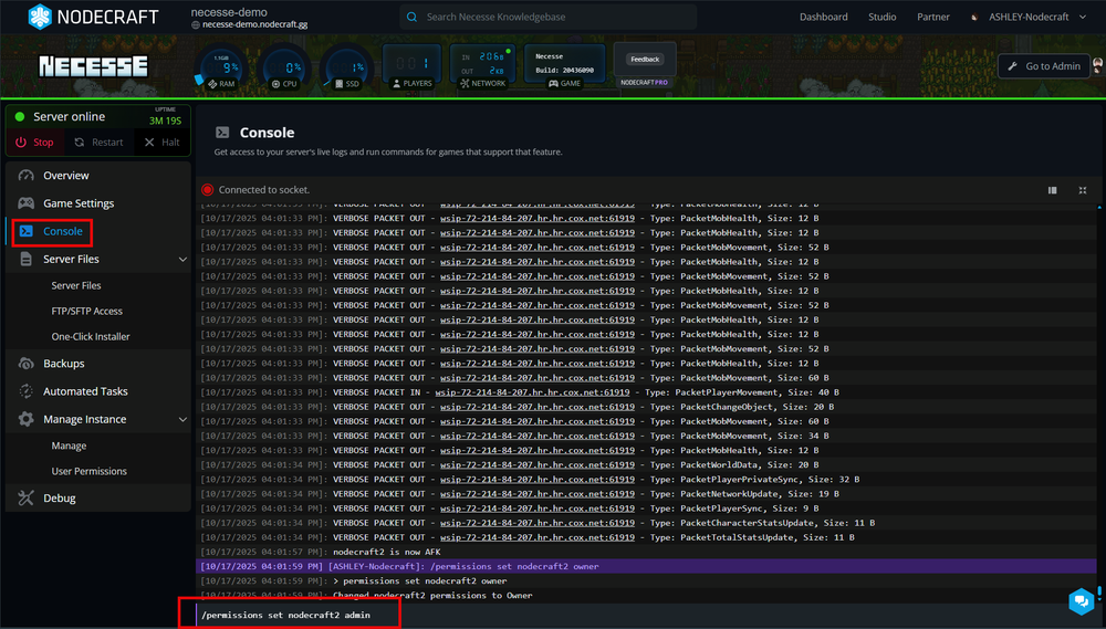 Console interface displaying server commands and logs, with a highlighted command at the bottom for setting permissions to 