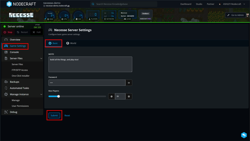 Game server settings interface with options for 