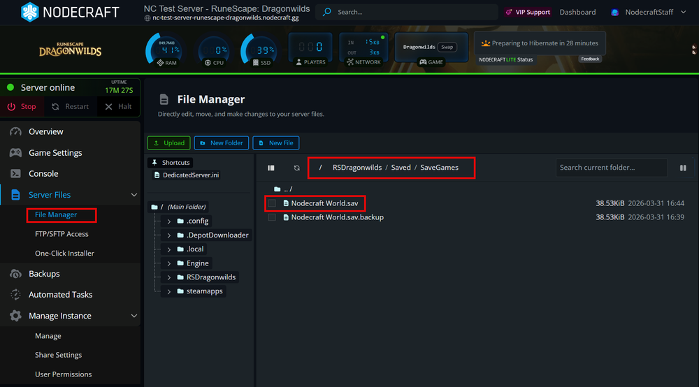 A screenshot of the Nodecraft File Manager showing the directory structure for a RuneScape: Dragonwilds server. The file path RSDragonwilds/Saved/SaveGames is highlighted in a red box at the top, and a specific save file named Nodecraft World.sav is highlighted in the file list.