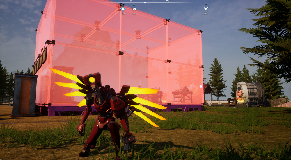 ULTRAKILL V2 armor equipped on a player character standing outside a base, showing the red armor design and glowing yellow wing blades.