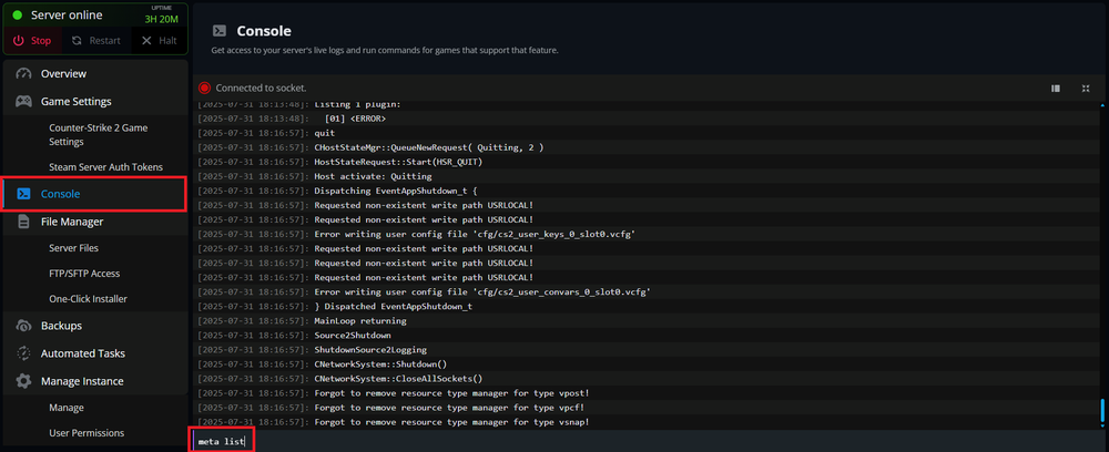 Entering in the meta list command into the Nodecraft Console to test that Metamod and CounterStrikeSharp are installed correctly
