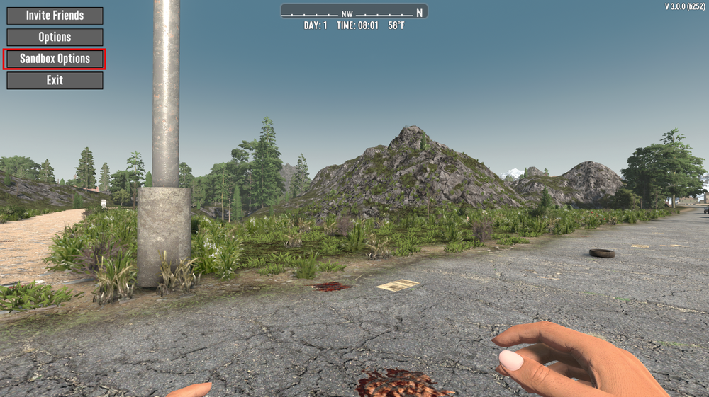 The 7 Days to Die Sandbox Options menu highlighted from the in-game pause screen, where players can access preset difficulty settings and generate custom sandbox codes.