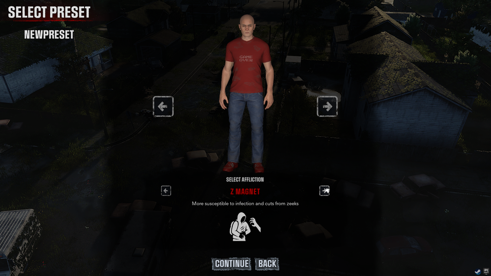 Humanitz character creation menu with options for various afflictions with the Z Magnet affliction selected along with continue and back buttons.