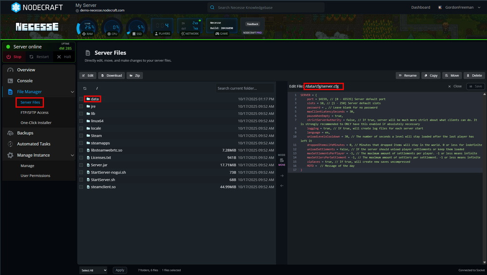 A server management interface showing a file manager on the left and code editor with highlighted text on the right.
