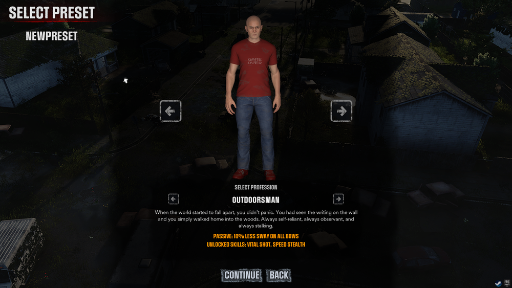 Humanitz character creation menu with options for varying professions currently showing the Outdoorsman profession along with continue and back buttons.