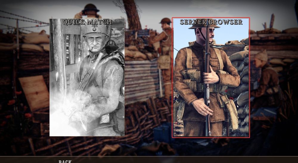 Over the Top WW1 multiplayer screen showing Quick Match and Server Browser options, with Server Browser highlighted.