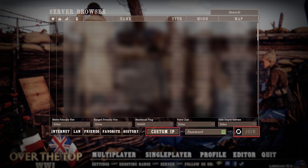 Over the Top WW1 server browser showing the Custom IP field and Join button used to connect to a server directly.
