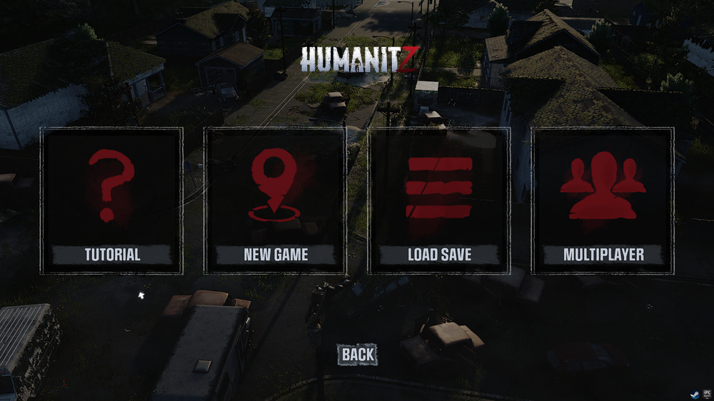 Humanitz play menu with boxes with red icons for tutorial, new game, load save, and multiplayer.
