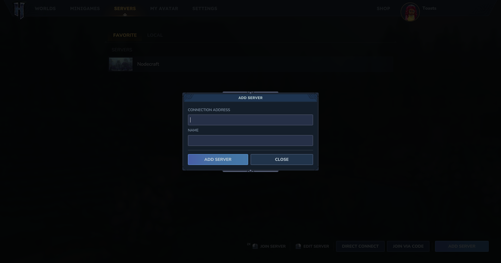 The Hytale login screen showing the Connection Address and Name box to enter server information.