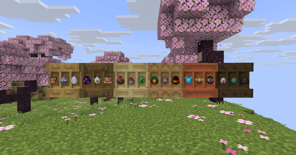 Minecraft display of various spawn eggs on wooden shelves, set against a backdrop of pink cherry blossom trees and a grassy landscape.