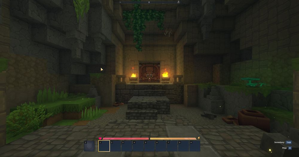 First-person view of a mossy stone dungeon with a raised platform, heavy wooden doors, torches on pedestals, and hanging vines.