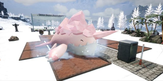 A large, pink, crystal-like creature lies on snow in a grid-patterned area, surrounded by winter trees and tropical plants.