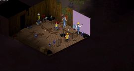 Isometric interior view of multiple survivor characters resting, crafting, and socializing inside a cozy wooden cabin with tables and furniture in Project Zomboid.