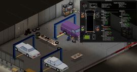 Isometric view of a player character inside a car mechanic garage with parked vehicles and the vehicle mechanics status UI open in Project Zomboid.