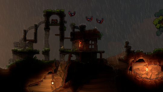 A dark, atmospheric pixel-art scene in Kyora featuring stone ruins and a small house during a rainstorm at night, with red-winged bats flying overhead and warm light glowing from a cave below.