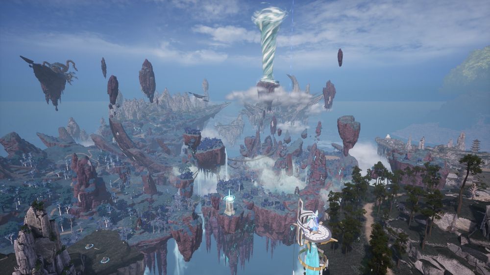 Surreal aerial view of floating jagged rocks with a twisting turquoise tower rising from clouds, waterfalls and a forested valley below.