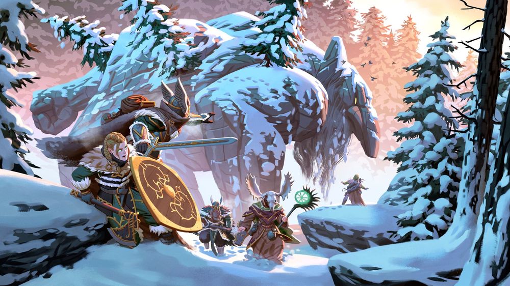 Valheim players traveling through the snowy Deep North biome in official Valheim 1.0 artwork.