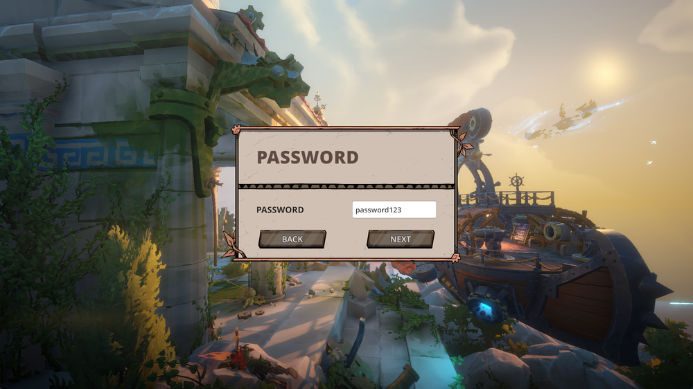 Parchment-style password prompt in a sunset steampunk ruin; input reads 'password123' with BACK and NEXT, vines and a distant airship in the background.
